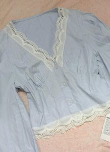 Blue Striped Lace Trim Top