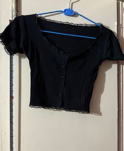 Ribbed Lace Trim Black Crop Top