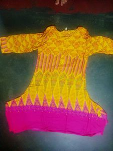 Vibrant Yellow & Pink Printed Kurta