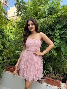 Pink Ruffle Strapless prom date night Dress