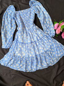 Blue Floral Tiered Midi Dress