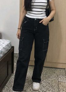 Black Cargo Jeans with Contrast Stitching