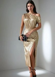 Newme Gold Metallic Asymmetric Neck Midi