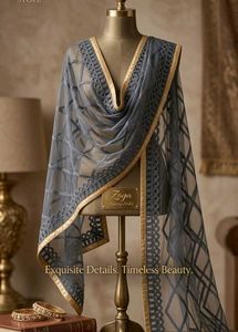Elegant Grey Dupatta with Gold Border