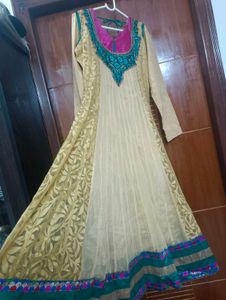 Elegant Embroidered biege golden Anarkali Kurta