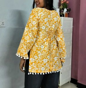 Yellow Floral Kurta with Pom Po