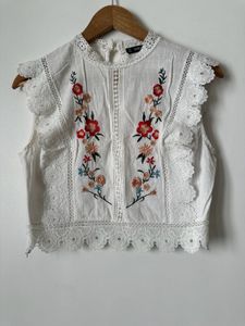 Embroidered White Lace Trim Top
