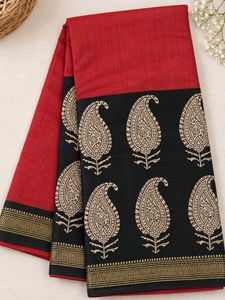 Elegant Red & Black Paisley Cotton Chanderi Saree
