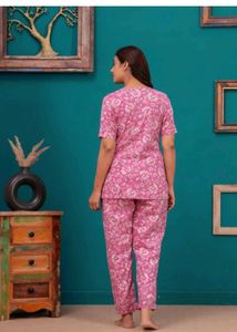 Pink Floral Cotton Night Suit Set