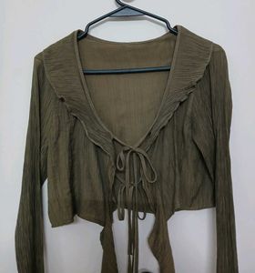 Olive Green Tie-Front Cropped Top