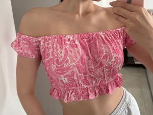 HWW crop top, summer print, pink, S size