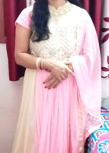 Elegant Pink &amp; Beige Gown with Gold Embellishments