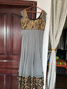 Elegant Grey &amp; Gold Anarkali Gown