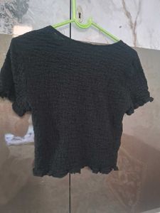 Black Textured Cropped Zip Top