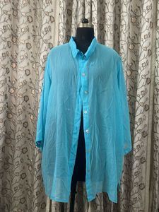Sheer Blue Collared Button-Up Top