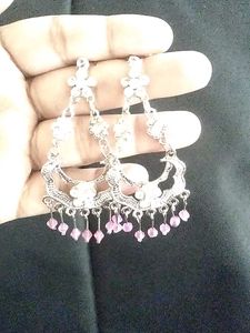 Pink Beaded Floral Drop Earrings,chand Baliya.
