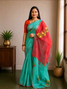 Beautiful Teal Saree with Floral Embroidery