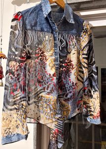 Unique Denim &amp; Print Fringe Shirt