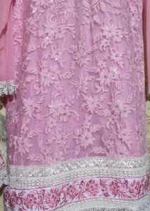 Pink Embroidered Kurta set with lace work dupatta