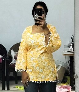 Yellow Floral Kurta with Pom Po