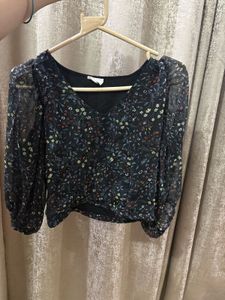Chic Floral Print Sheer Sleeve Top