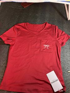 Red Crew Neck T-Shirt with Bow Pocket Detail