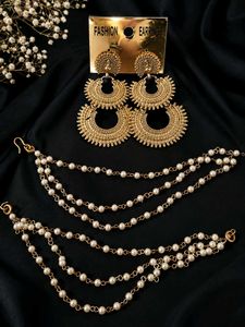 Elegant Gold Pearl Dangler Earrings & Chain