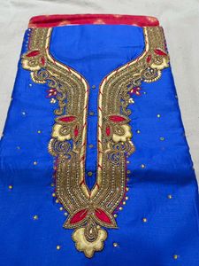 Blue Suit With Red Self Print Bottom