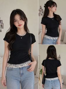 Chic Black T-Shirt with Lace Trim Top