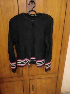 Chic Black Cardigan with Striped Cuffs