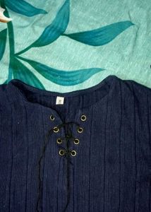 Navy Blue Lace-Up Ribbed Long Sleeve crop Top