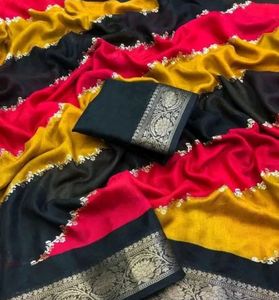 Vibrant Color Block Saree with Golden Border