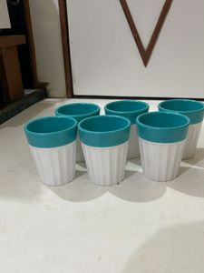 Set of 6 White &amp; Teal Tumblers