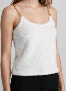 Fuzzy White Tank Top with Gold Chain Straps