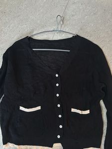 Chic Black Cardigan with Cream Accents