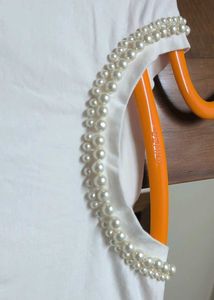 Classic &amp; Chic -Pearl Embellished White T-Shirt