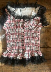 Trendy Plaid Top with Lace Trim