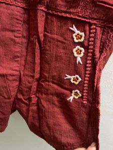 Premium Embroidery Burgundy Crinkle Romper