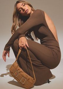PrettyLittleThings Brown Ribbed Long Sleeve Jumpsu