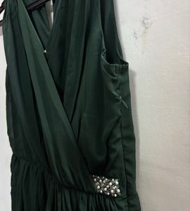 Elegant Dark Green Embellished Wrap Dress