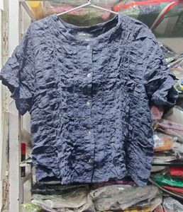 Grey Textured Cropped Button-Up Top