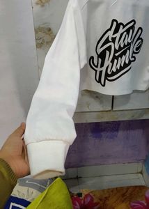 White 'Stay Humble' Cropped Long Sleeve Tee