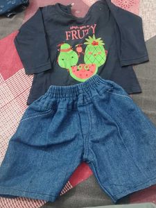 Cute Fruit Print Top & Denim Shorts Set
