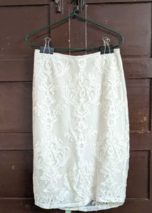 White Lace Overlay Midi Skirt