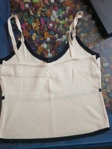 Cream Knit Crop Top with Black Trim