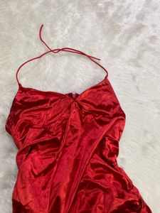 Stunning Red Satin Ruched Halter Dress