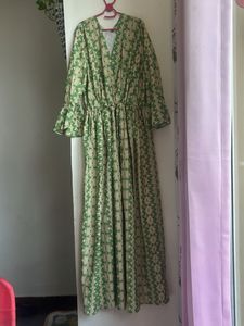 Green Printed Maxi Dress with belt