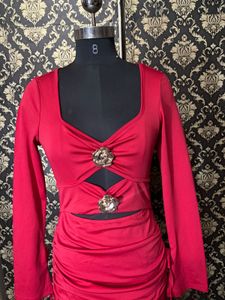 Red Ruched Bodycon Dress with Side Slit