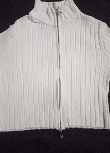 White Ribbed Zip-Up Sweater