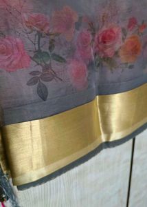 Elegant Floral Grey Saree with Tassels